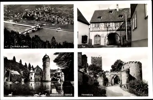 Ak Faulbach in Unterfranken, Luftbild vom Ort, Tor, Henneburg, Mespelbrunn Schloss