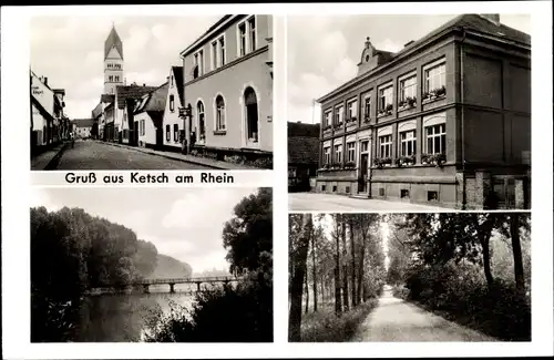 Ak Ketsch am Rhein, Straße, Ort, See, Brücke, Kirche