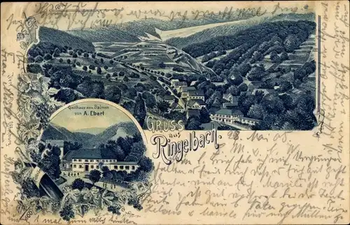 Litho Ringelbach Oberkirch im Renchtal Baden, Gasthaus zum Salmen, Blick auf den Ort