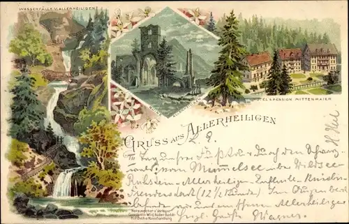 Litho Allerheiligen Oppenau im Schwarzwald, Klosterruine, Wasserfälle, Hotel Mittenmaier