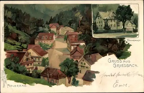 Litho Bad Griesbach im Schwarzwald, Tannenhof, Adlerbad, Blick auf den Ort