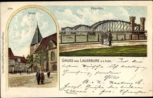 Litho Lauenburg an der Elbe, Elbbrücke, Kirche