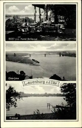 Ak Lauenburg an der Elbe, Blick vom Hotel Bellevue, Elbbrücke, Freibad