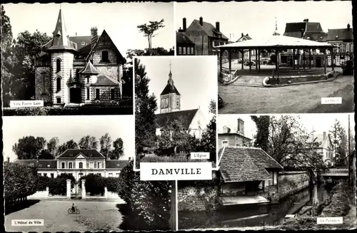 Ak Damville Eure, L´Église, La Halle, Le Puiseaux, L´Hotel de Ville