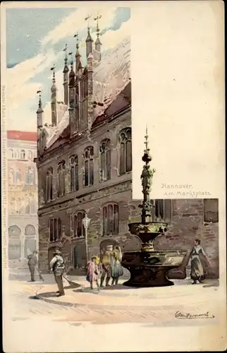 Künstler Litho Hannover in Niedersachsen, Am Marktplatz, Brunnen, Meissner & Buch 1023