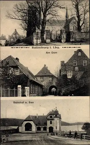 Ak Ratzeburg im Herzogtum Lauenburg, Dom, Straßenpartie, Bahnhof am See