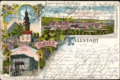 Litho Kallstadt in der Pfalz, Protest. Kirche, Rathaus, Brunnen, Panorama