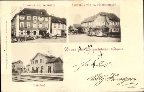 Ak Wasselonne Wasselnheim Elsass Bas Rhin, Brauerei A. Amos, Bahnhof, Gasthaus