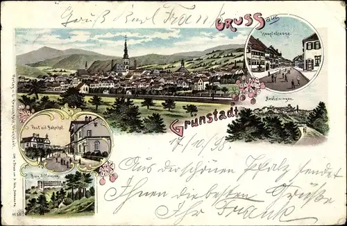 Litho Grünstadt in der Pfalz, Panorama, Post, Bahnhof, Burg Altleiningen, Hauptstr., Neuleiningen