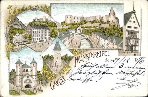 Litho Bad Münstereifel Nordrhein Westfalen, Hotel Hillebrand, Stiftskirche, Werther Tor, Burgruine