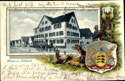 Präge Wappen Ak Fellbach in Württemberg, Gasthaus, Kutsche, Jagdhund