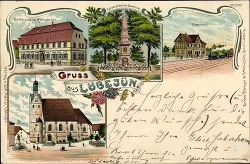 Litho Löbejün im Saalekreis, Rathaus, Ratskeller, Bahnhof, Kirche, Kaiser Friedrich Denkmal