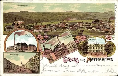 Litho Mattighofen in Oberösterreich, Zuckerfabrik, Hauptplatz, Schloss, Gesamtansicht