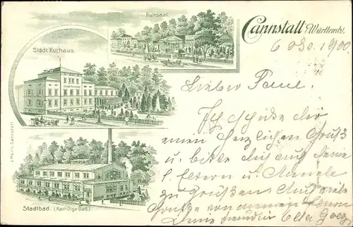 Litho Cannstatt Stuttgart Neckar, Kursaal, Städt. Kurhaus, Stadtbad, Karl Olga Bad