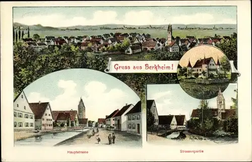 Ak Berkheim in Oberschwaben, Panorama, Hauptstraße, Kirche