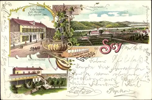 Litho Scy Lothringen Moselle, Restaurant zum goldenen Löwen, Gartenwirtschaft, Panorama