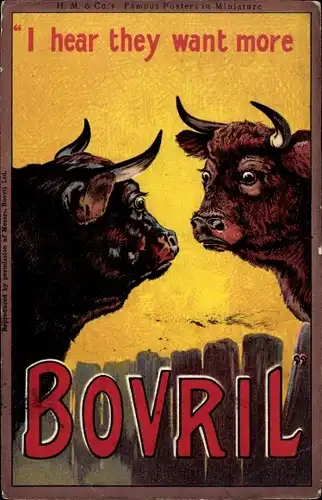 Künstler Ak Reklame Bovril, I hear they want more, erschrockene Rinder