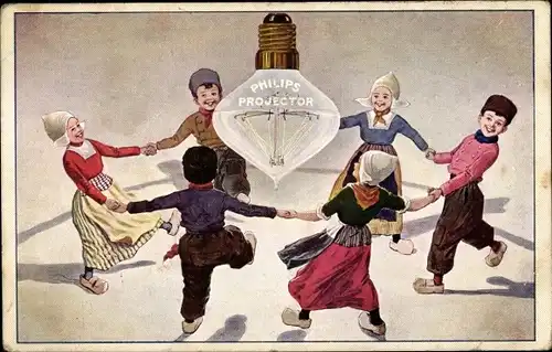 Künstler Ak Philips Projector, Kinder in Tracht tanzen um eine Glühbirne, Reklame, Holzschuhe