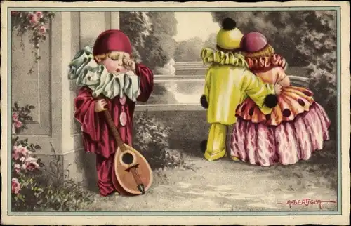 Künstler Ak Bertiglia, Aurelio, Weinender Pierrot, Liebespaar