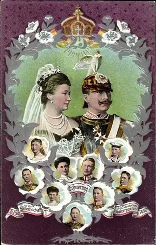 Ak Silberhochzeit Kaiser Wilhelm II., Kaiserin Auguste Viktoria, Prinzen, Kronprinz