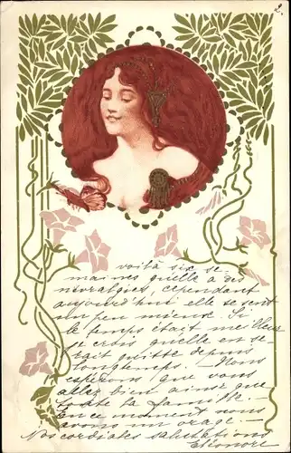 Jugendstil Künstler Ak Frauenbildnis, Blütenranken