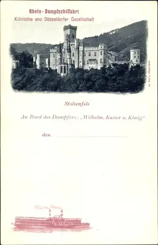 Ak Kölnische und Düsseldorfer Rhein Dampfschifffahrt Gesellschaft, Rheindampfer Wilhelm, Stolzenfels