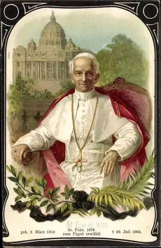 Litho Portrait von Papst Leo XIII, Thron, Trauerkarte zum Tod 1903