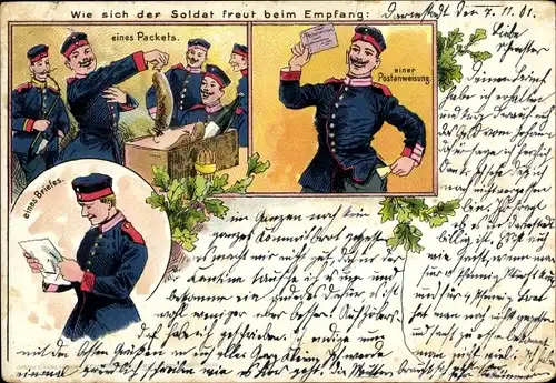 Litho Deutsche Soldaten im Kaiserreich, Empfang von Feldpost, Packet, Postanweisung, Brief