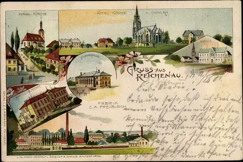 Litho Reichenau Bogatynia in Schlesien, Fabrik, Evangl. u. kathl. Kirche, Turnhalle