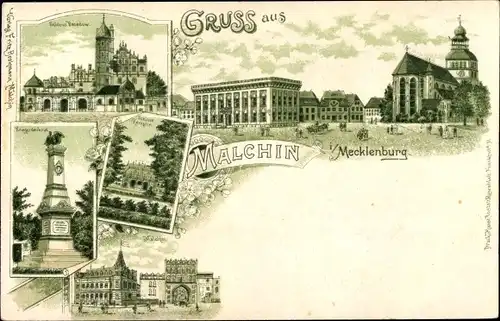 Litho Malchin in Mecklenburg, Schloss Basedow, Kriegerdenkmal, Stadttor