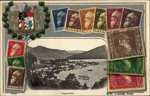 Präge Briefmarken Wappen Ak Tegernsee in Oberbayern, Blick auf den Ort