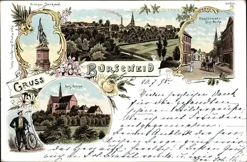 Litho Burscheid in Nordrhein Westfalen, Krieger Denkmal, Hauptstraße, Kirche, Fahrradfahrer