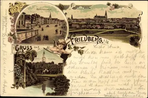 Wappen Litho Friedberg in Hessen, Kaiserstraße, Burg, Totalansicht