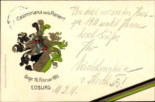 Studentika Präge Wappen Ak Coburg in Oberfranken, Casimiriana sei's Panier