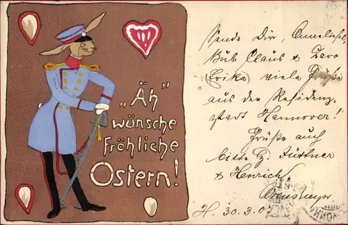 Litho Glückwunsch Ostern, Hase in Uniform, Lebkuchen