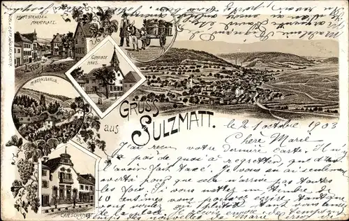 Litho Soultzmatt Sulzmatt Elsass, Marktplatz, Mineralquelle, Café Schirmer