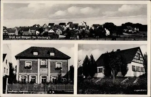 Ak Bürgeln Cölbe Hessen, Jugendheim, Kaufhaus Hembrich, Blick auf den Ort