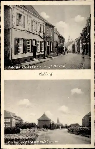 Ak Waldniel Schwalmtal am Niederrhein, Langestraße mit evangelischer Kirche, Schule