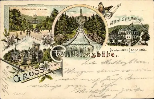 Litho Bad Wilhelmshöhe Kassel in Hessen, Löwenburg, Kaskaden, Hotel Cafe Mulang