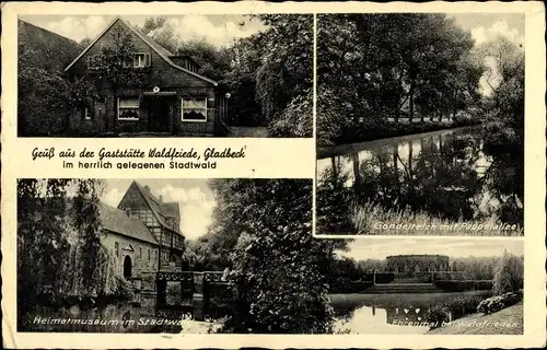 Ak Gladbeck im Ruhrgebiet, Gaststätte Waldfriede, Heimatmuseum im Stadtwald, Ehrenmal, Gondelteich