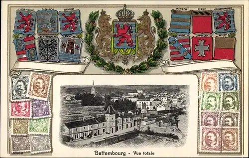 Präge Wappen Briefmarken Ak Bettembourg Luxemburg, Vue Totale