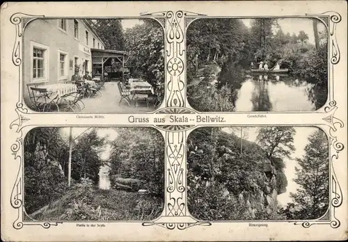 Jugendstil Ak Skala Bellwitz Löbau, Gemauerte Mühle, Gondelfahrt, Rittersprung