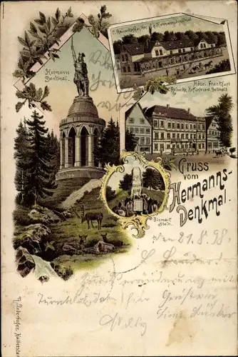 Litho Detmold in Nordrhein Westfalen, Hermannsdenkmal, Hotel Frankfurt, Reineckes Gasthof