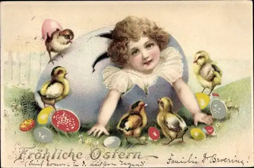 Litho Glückwunsch Ostern, Kind in einem Osterei, Küken