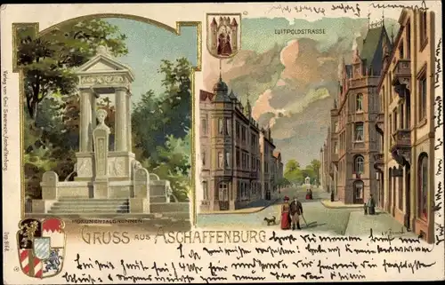 Litho Aschaffenburg in Unterfranken, Wappen, Monumentalbrunnen, Luitpoldstraße