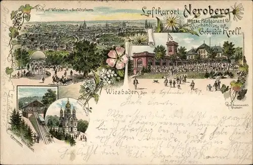 Litho Wiesbaden in Hessen, Neroberg, Hotel, Griechische Kapelle, Zahnradbahn