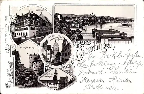 Vorläufer Litho Überlingen am Bodensee, Sparkasse, Torturm, städtische Anlagen, 1894