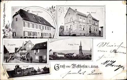 Ak Westhoffen Westhofen Elsass Bas Rhin, Gemeindehaus, katholische Schule, evang. Kirche