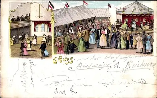 Litho Jahrmarkt, tanzende Paare, Karussell, Marktstände