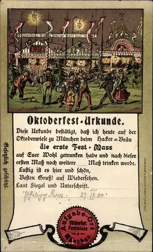 Litho München Bayern, Oktoberfest Urkunde, Fest Maß, Hacker Bräu